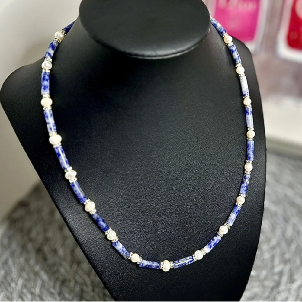 Natural Blue Spot Jasper & Natural Pearl Beaded Necklace